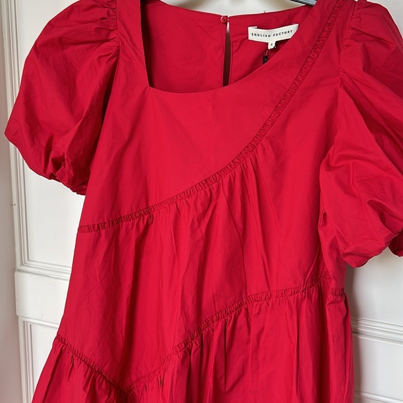 ENGLISH FACTORY Women's Asymmetric Poplin Tiered Sadie Dress Red Raspberry Small - Picture 9 of 11